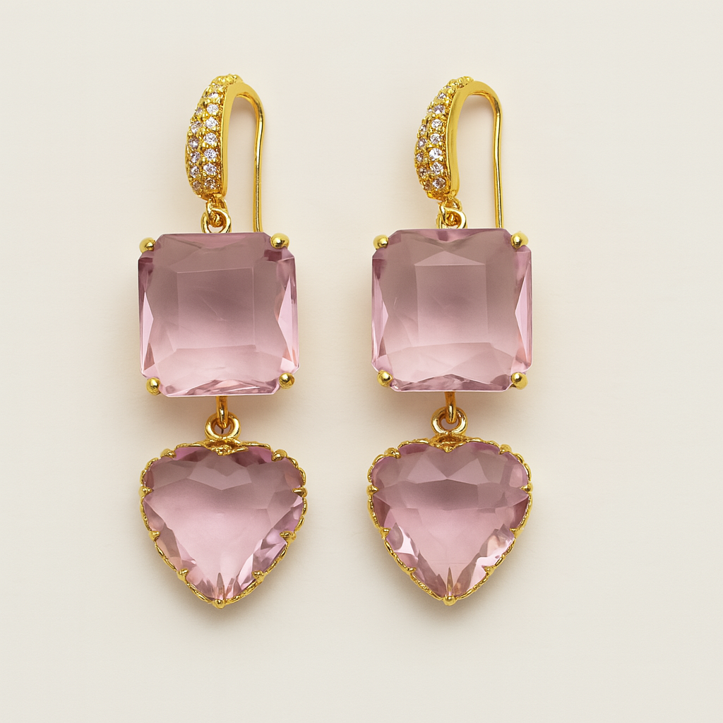 Gold-Plated Gemstone Drop Earrings – Heart & Cushion Design PARNIN