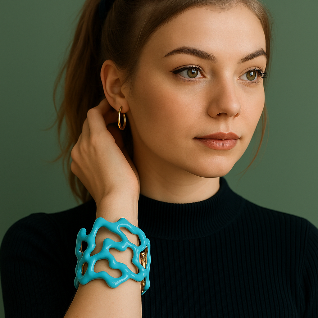 PARNIN Coral Luxe Enamel Cuff Bracelet – Red, White & Turquoise Statement Jewelry PARNIN