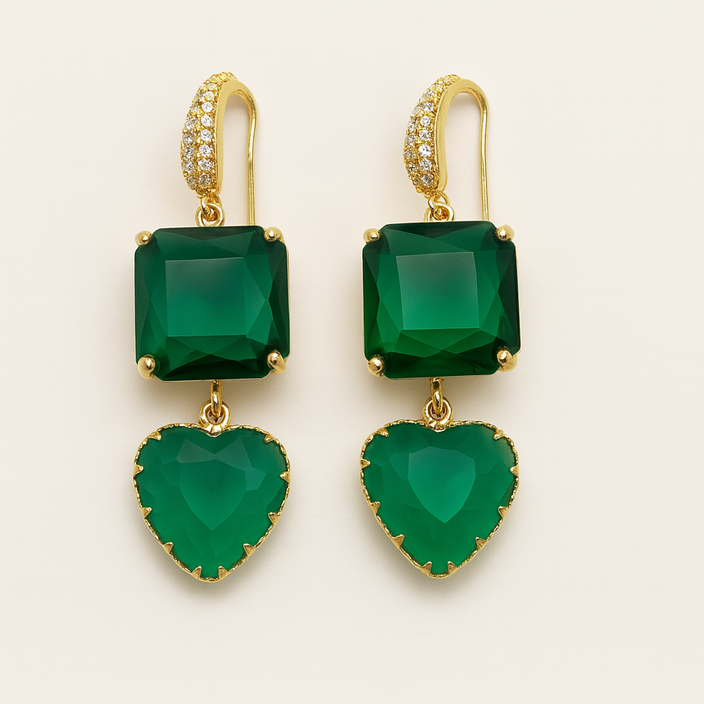 Gold-Plated Gemstone Drop Earrings – Heart & Cushion Design PARNIN