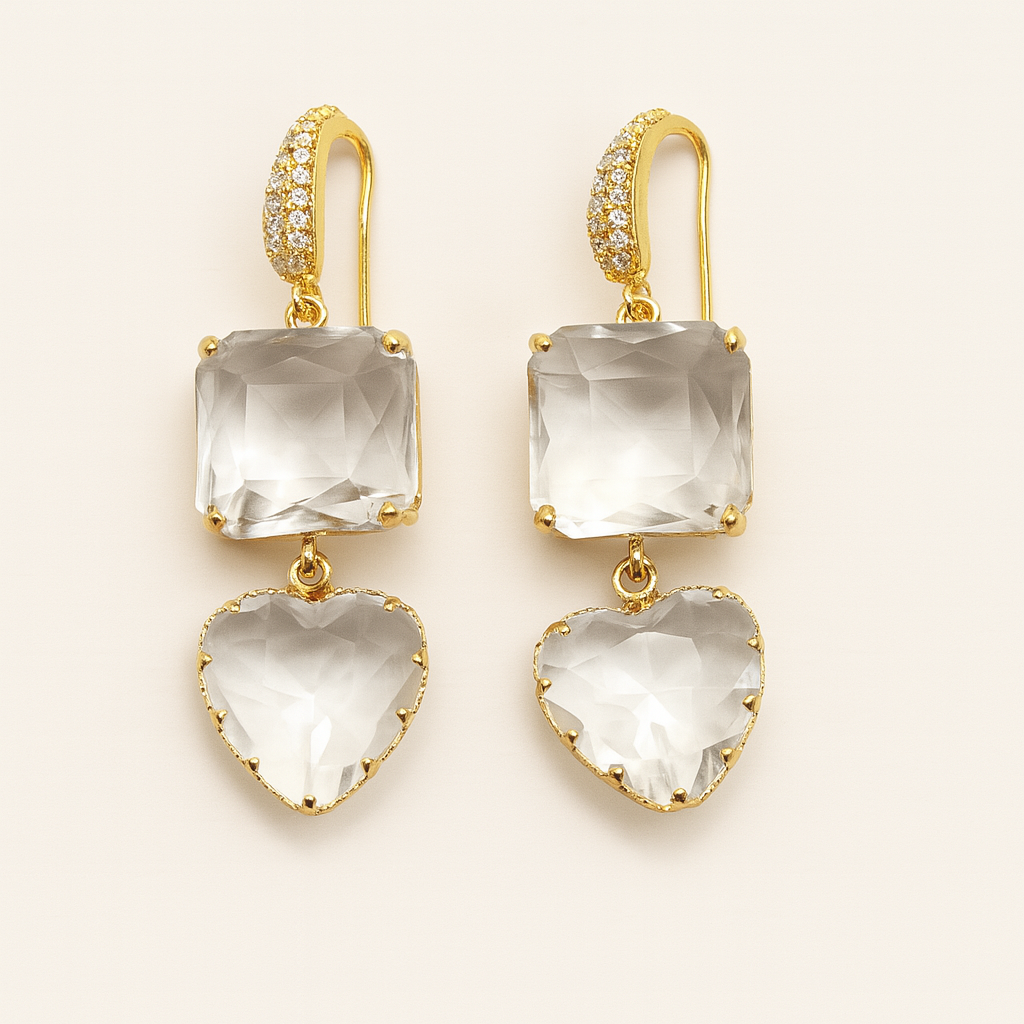 Gold-Plated Gemstone Drop Earrings – Heart & Cushion Design PARNIN