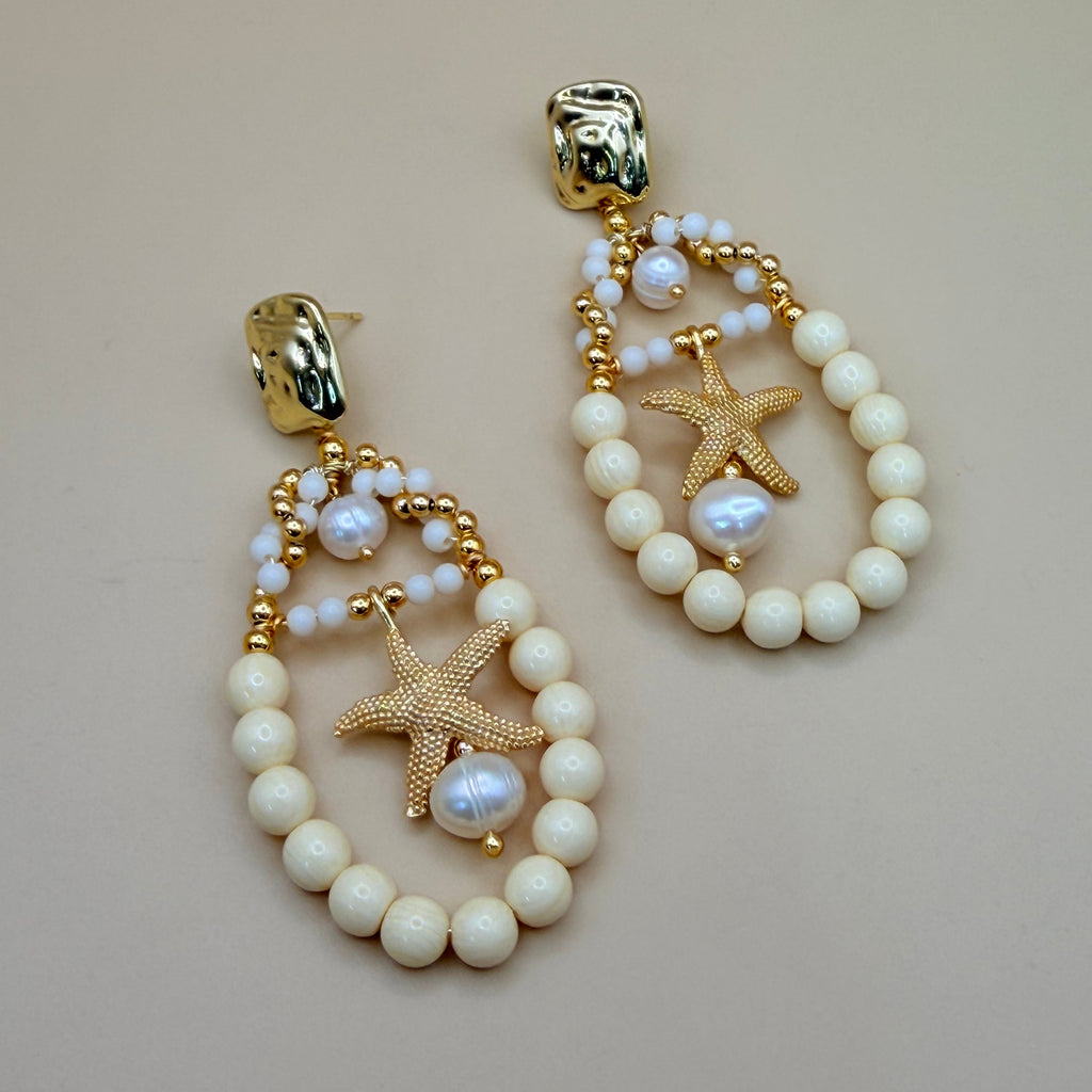 Starfish Elegance – Gold-Plated Earrings with Pearls & Ivory Beads PARNIN
