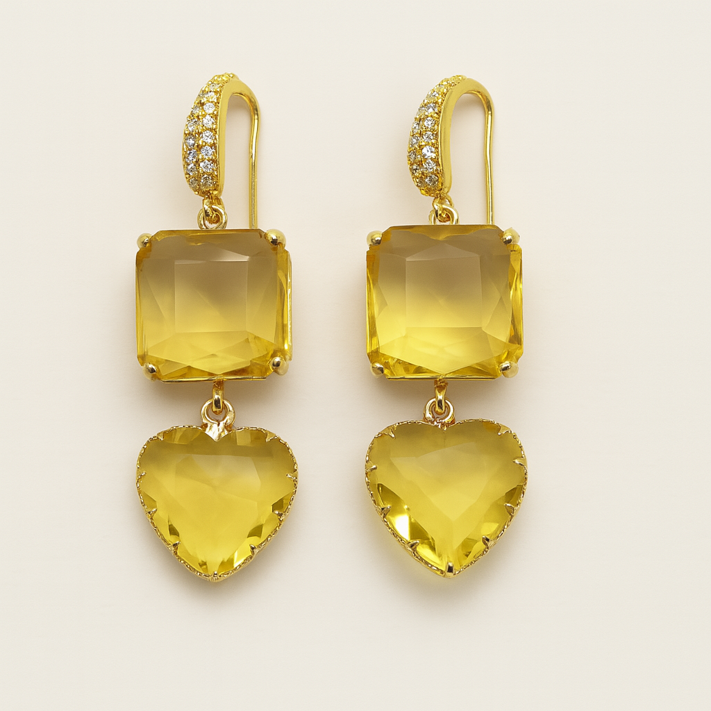 Gold-Plated Gemstone Drop Earrings – Heart & Cushion Design PARNIN