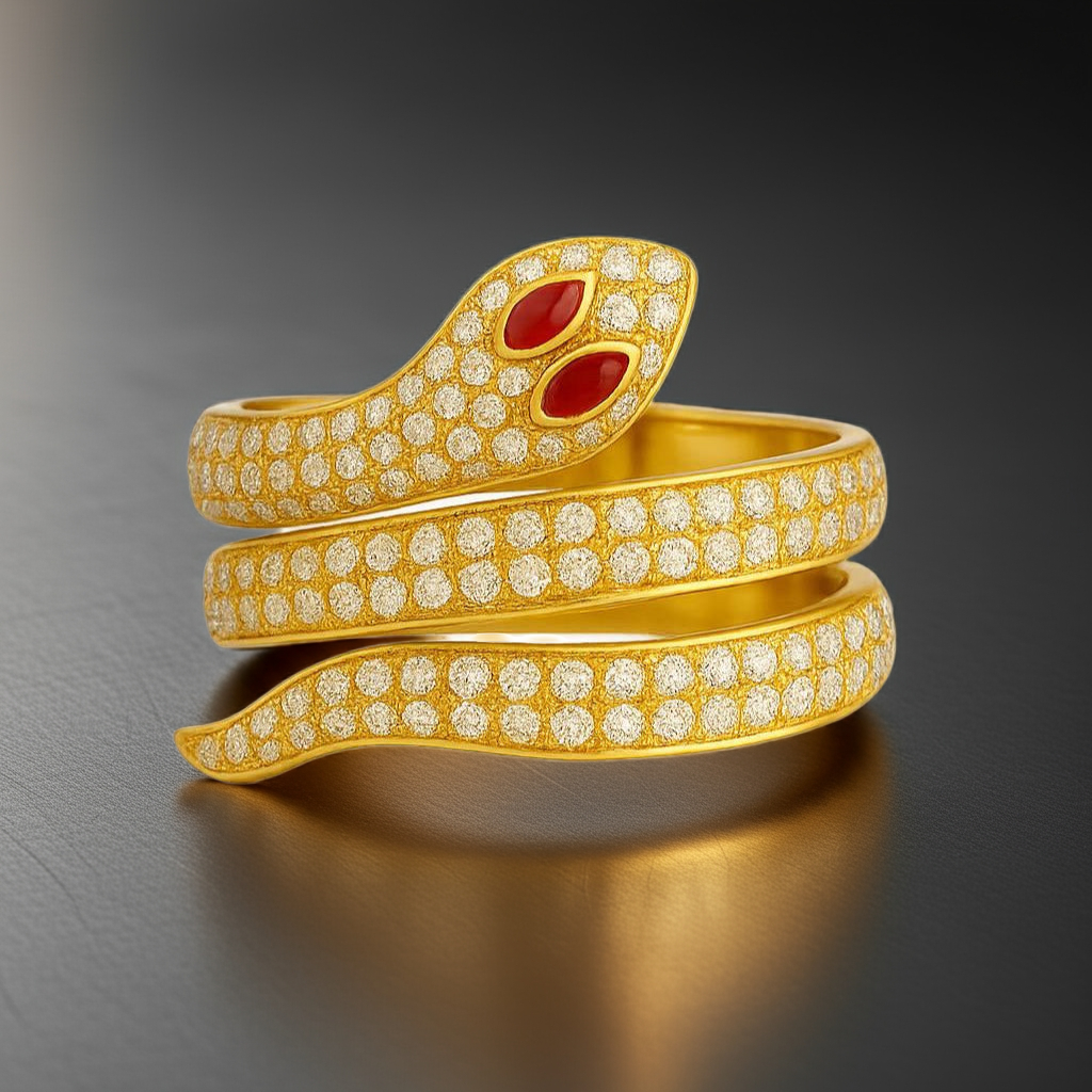 Gold-Plated Snake Wrap Ring – Red, Green, or Black Eye PARNIN