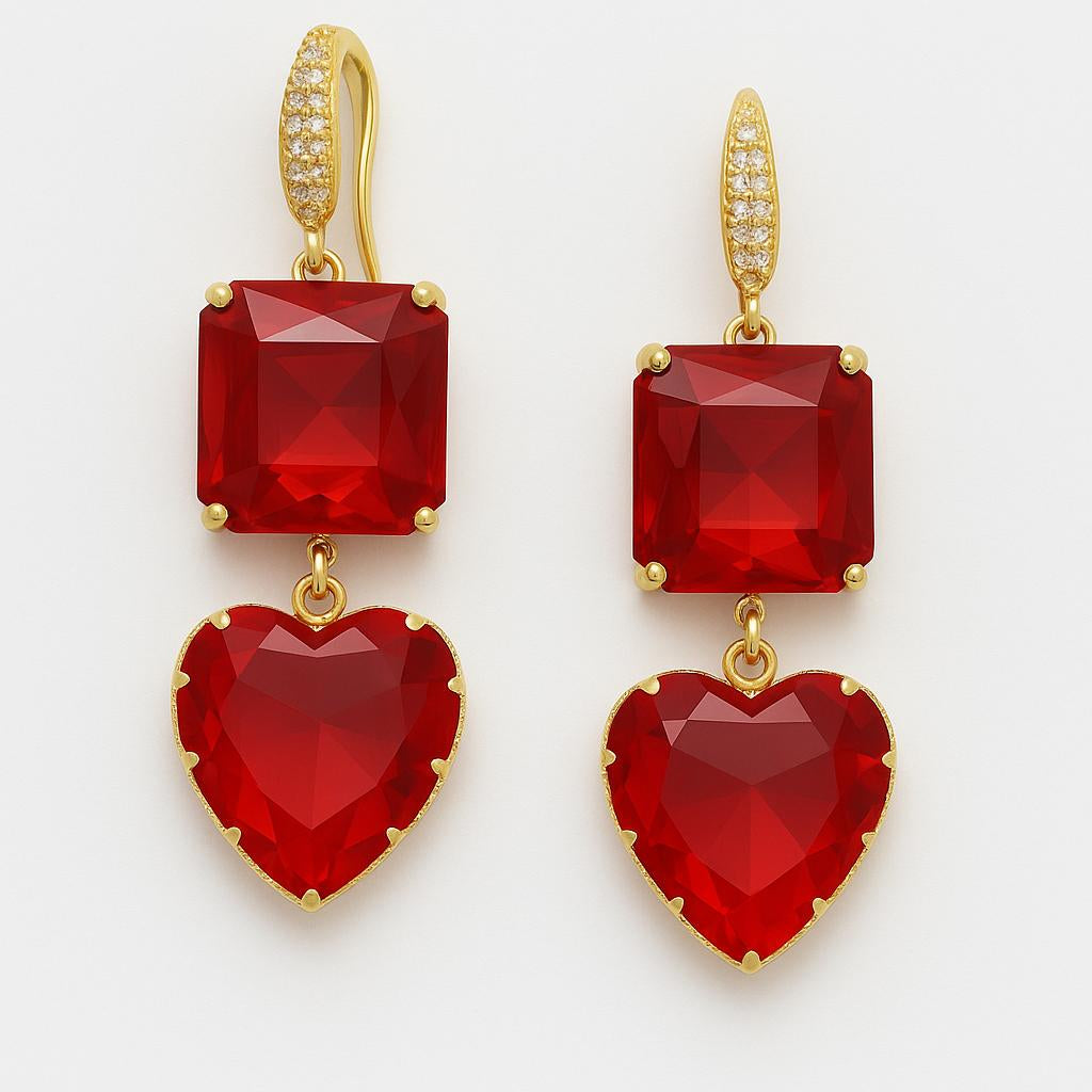 Gold-Plated Gemstone Drop Earrings – Heart & Cushion Design PARNIN
