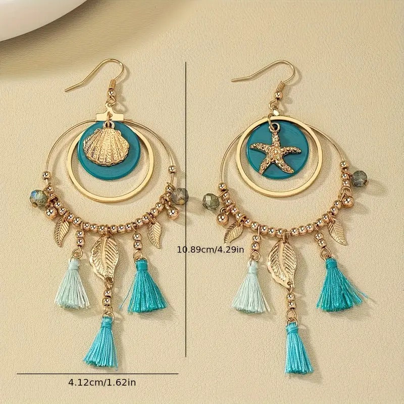 Boho Gold-Plated Tassel Earrings with Starfish & Shell Charms PARNIN