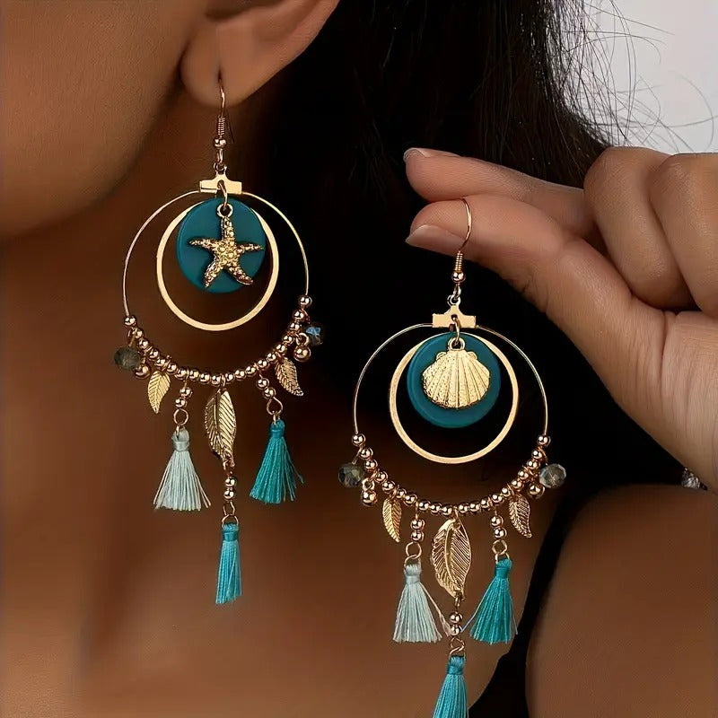 Boho Gold-Plated Tassel Earrings with Starfish & Shell Charms PARNIN