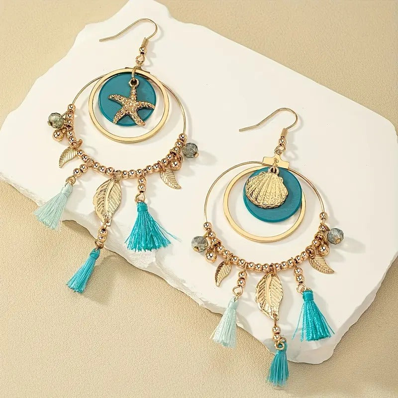 Boho Gold-Plated Tassel Earrings with Starfish & Shell Charms PARNIN