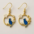 Celestial Cat Earrings – Gold-Plated Dangle with Blue Enamel & Stars PARNIN