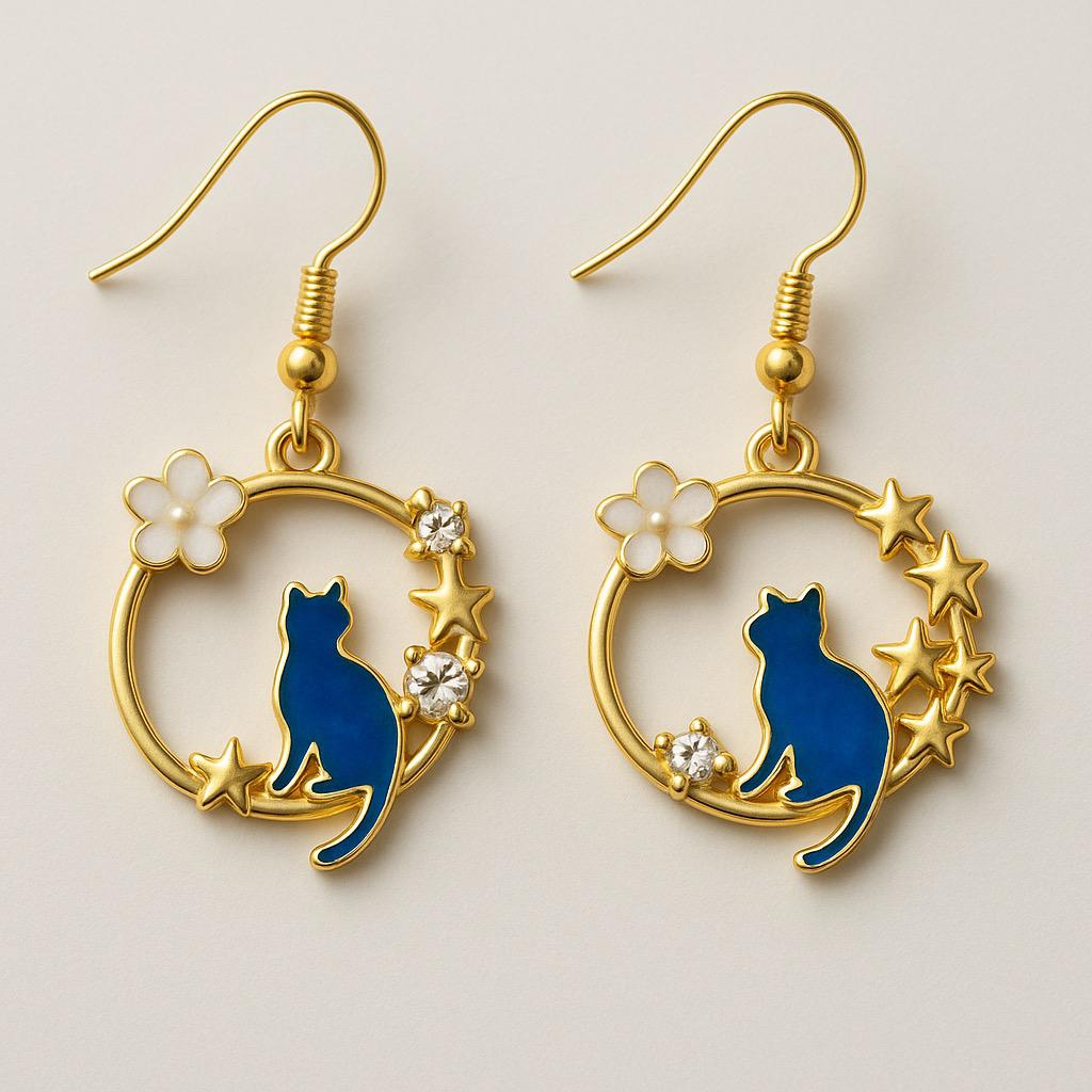 Celestial Cat Earrings – Gold-Plated Dangle with Blue Enamel & Stars PARNIN